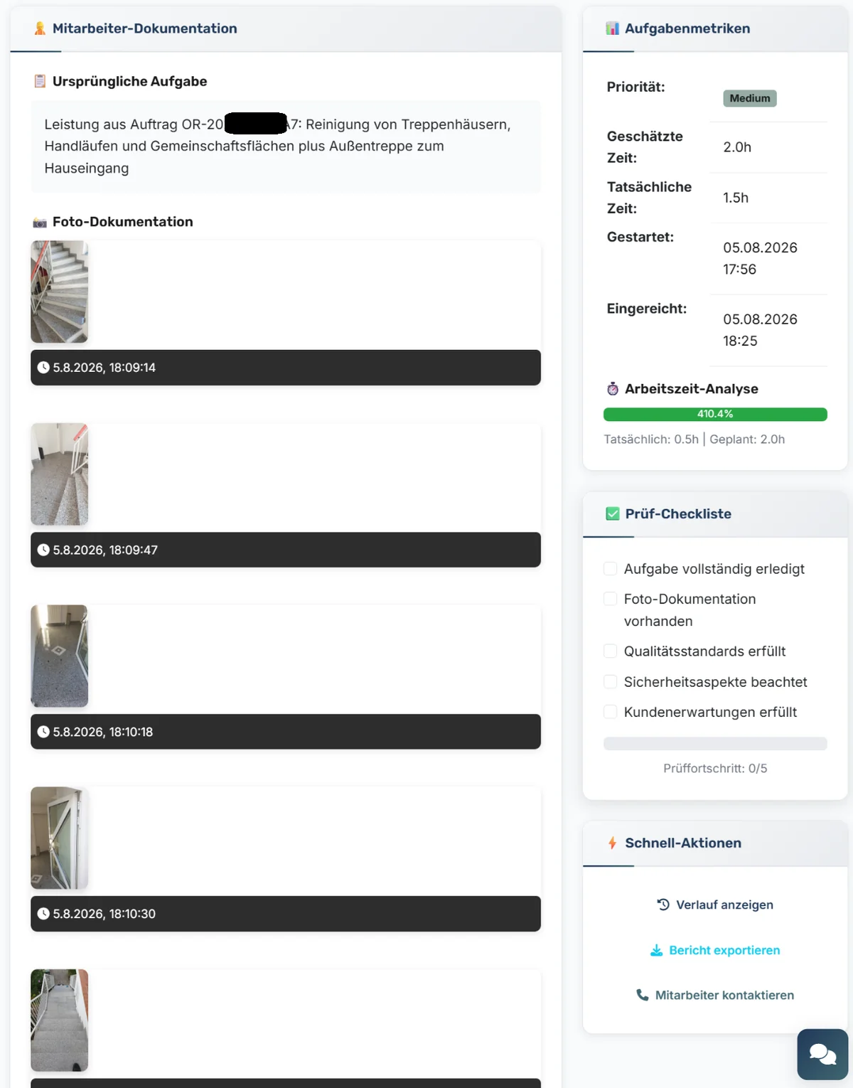 Mitarbeiter-Dokumentation im Raccoon System: Fotos der erledigten Arbeit mit sekundengenauem Zeitstempel, Aufgabenmetriken und Prüf-Checkliste