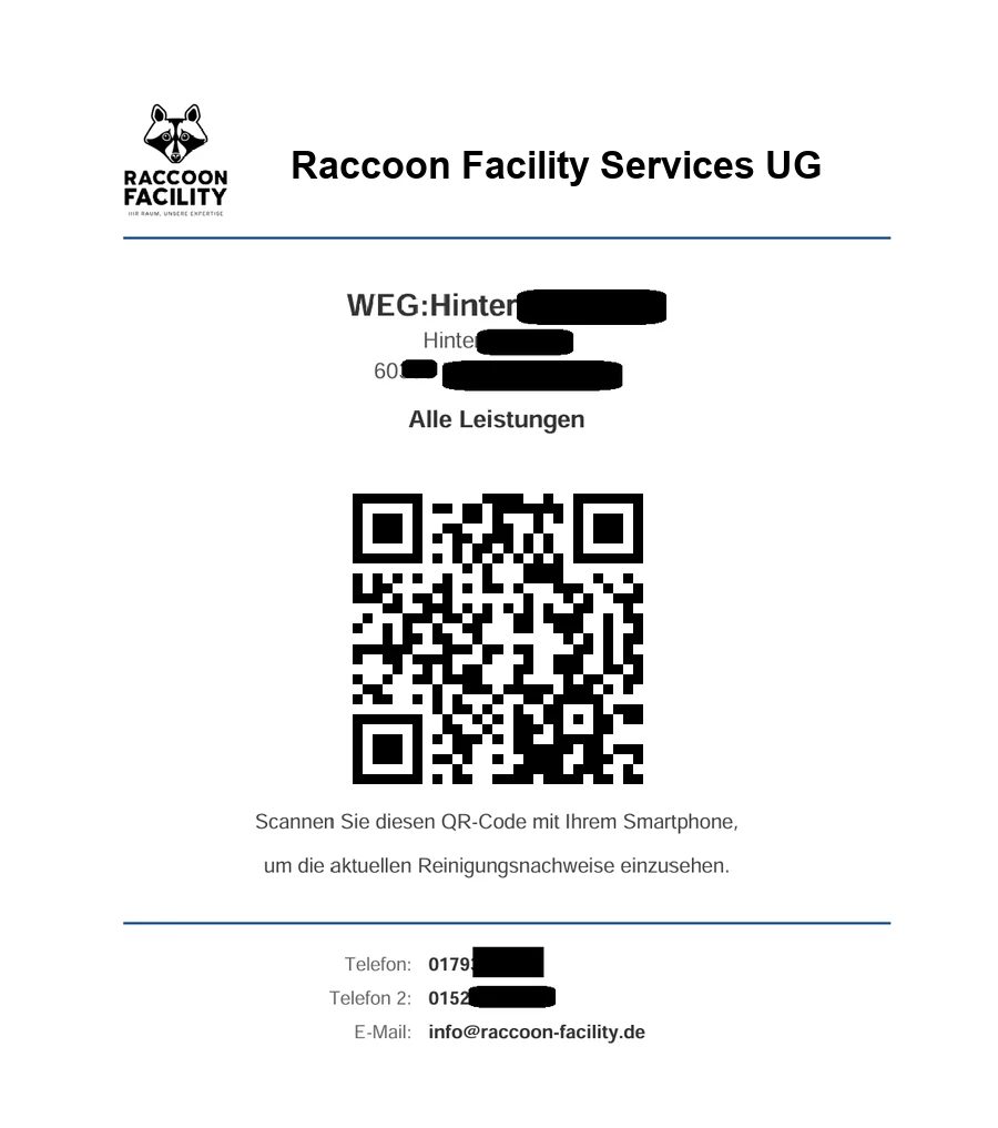 QR-Code-Aushang von Raccoon Facility für ein Objekt: Adresse, QR-Code und Hinweis zum Scannen der Reinigungsnachweise